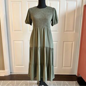 Olive Green Smocked Tiered Skirt Midi Peasant Dress